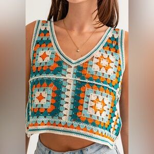 Cider Multicolor Crochet granny square Crop Top